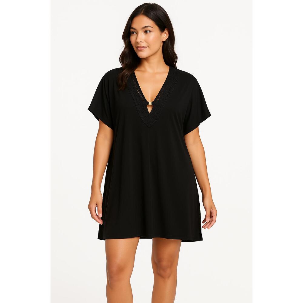 Unbranded Swim CoverUP Dress One Size Black Vneck Short Sleeves Lace Gold Detail